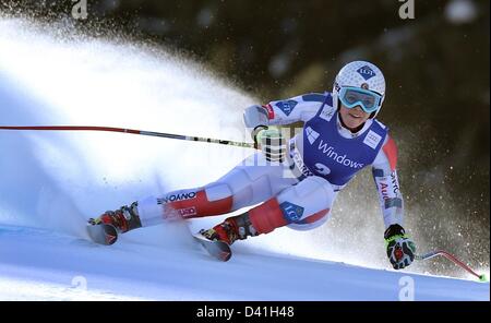 Garmisch, Deutschland. 1. März 2013. Tina Weirather aus Liechtenstein in Aktion bei der Frauen Super-G Rennen der alpinen Skiweltcup in Garmisch-Partenkirchen Deutschland, 1. März 2013. Foto: Karl-Josef Hildenbrand/Dpa/Alamy Live News Stockfoto