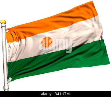 Niger Flagge auf eine Fahnenstange. Clipping-Pfad enthalten. Sichtbar auf die Flagge 100 % Seide Textur. Stockfoto