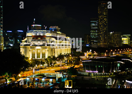 Fullerton Hotel, Marina Bay, Marina Bay Sands Hotel & Casino, Lichtshow, gehobenen Einkaufszentrum, Business District, Singapur Stockfoto