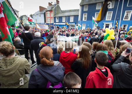 Aberystwyth, Wales, UK. 1. März 2013. Die erste St. David's Day Parade in Aberystwyth in mid Wales riesige mittags Gedränge und Verkehr Boden zum Stillstand als zog bands, Demonstranten und Grundschulkinder der Schutzpatron von Wales Tag gefeiert. Bildnachweis: atgof.co / Alamy Live News Stockfoto