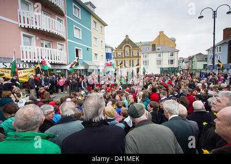 Aberystwyth, Wales, UK. 1. März 2013. Die erste St. David's Day Parade in Aberystwyth in mid Wales riesige mittags Gedränge und Verkehr Boden zum Stillstand als zog bands, Demonstranten und Grundschulkinder der Schutzpatron von Wales Tag gefeiert. Bildnachweis: atgof.co / Alamy Live News Stockfoto