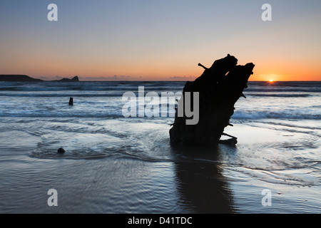 Schiffbruch und Würmer Kopf, Rhossilli Bay, Gower, Soth Wales, Stockfoto