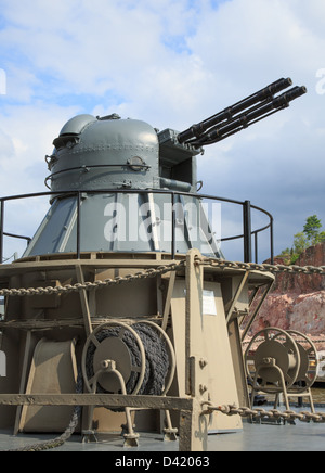 Zwei 30 mm AK-230 Nikolajew Kanone montiert in einem Turm der Minenleger Keihässalmi der finnischen Marine. Stockfoto