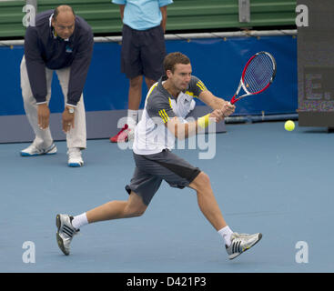 1. Januar 2000 - Delray, Florida, USA - Delray Beach, FL - 1 März: ERNEST GULBIS (LAT) im Kampf gegen Daniel Munoz De La Nava (ESP). Gulbis zieht in das Halbfinale mit seinem 6-1, 6-4 Sieg. (Kredit-Bild: © Andrew Patron/ZUMAPRESS.com) Stockfoto