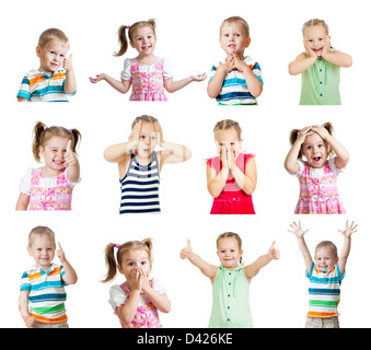 Sammlung von Kinder mit verschiedenen positiven Emotionen, die isoliert auf weißem Hintergrund Stockfoto