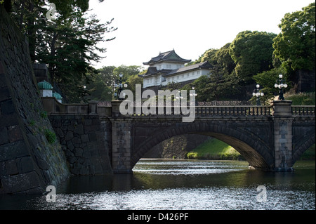 Nijubashi (zwei Brücken) mit Wachturm im Hintergrund von alten Edo-Burg. Das Schloss beherbergt heute die Hofburg. Stockfoto