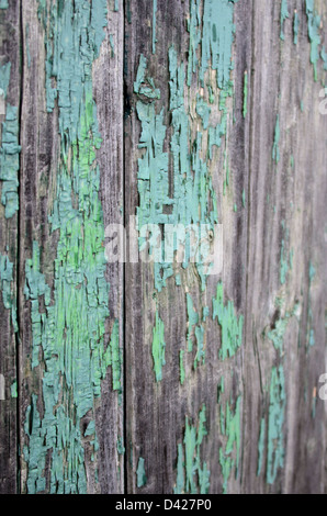 Grüne Farbe abplatzt verwittertem Holz Stockfoto