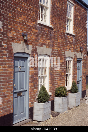 Abgeschnittene Sträucher im Container vor Ziegel Reihenhaus Ferienhaus mit blassen blauen Tür und weißen Fenstern Stockfoto