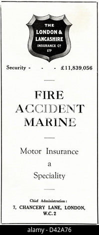 Original 1920er Jahre Vintage Printwerbung aus englischer Country Gentleman Zeitung Werbung London & Lancashire Versicherung Co für Motor Feuer Unfall & marine Stockfoto