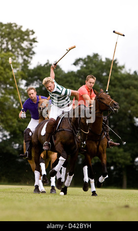 Polo-Spieler schieben einander in Rivalität um den ball Stockfoto