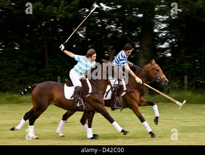 Polo-Spieler auf dem Pferderücken schwingen Schlägel Stockfoto