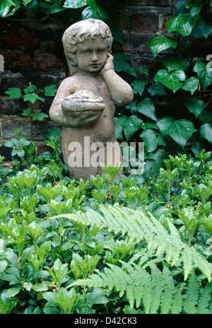 Kleine steinerne Statue eines jungen in niedrigen, abgeschnittene Skimmia gegen Efeu an der Mauer Stockfoto