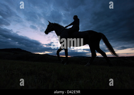 Oberoderwitz, Deutschland, Silhouette, Frau macht eine Fahrt in der Dämmerung Stockfoto