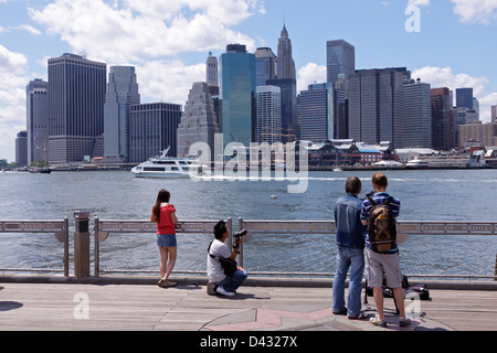 Skyline von Lower Manhattan gesehen aus Brooklyn Bridge Park, New York City, USA Stockfoto