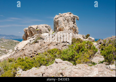 Seltsamerweise verwitterter Granit Felsen (Pegmatit) am Cap de Creus, Girona, Katalonien, Spanien Stockfoto