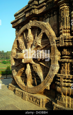 Konark Sun Temple Chariot Rad volle Seite Winkel View.13th Jahrhundert Kunstwerk auf Konark Streitwagen Räder Stein Skulptur geschnitzt Stockfoto