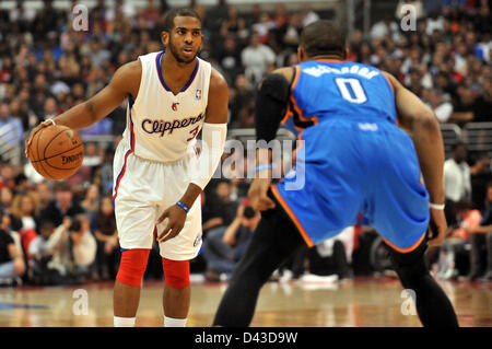 3. März 2013 Los Angeles, CA... Clippers Chris Paul #3 während der NBA-Basketball-Spiel zwischen den Oklahoma City Thunder und die Los Angeles Clippers im Staples Center in Los Angeles, Kalifornien. Josh Thompson/Cal-Sport-Medien Stockfoto