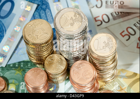 Hamburg, Deutschland, Euro-Banknoten und Euromuenzen Stockfoto