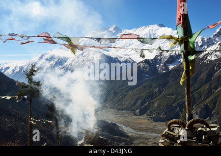 Annapurna Range und Marsyangdi River Valley von Tara Gomba, Manang, Annapurna Conservation Area, Gandaki, Pashchimanchal, Nepal Stockfoto