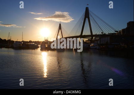 Glebe Island Bridge & Johnstons Bay, Pyrmont Sydney bei Sonnenuntergang Stockfoto