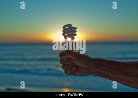 Hand mit Glühbirne bei Sonnenuntergang, Cape Town, Western Cape, Kapprovinz, Südafrika Stockfoto