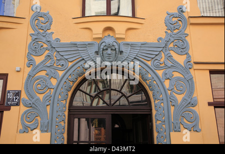 Detailbild des Art Nouveau Haus in der alten Stadt von Riga, Lettland Stockfoto