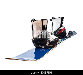Snowboard und Schuhe, die isoliert auf weiss Stockfoto