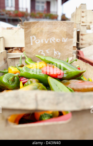 Vielzahl von Peperoni am Markt, Biarritz, Pyrenees-Atlantiques, Aquitaine, Frankreich Stockfoto