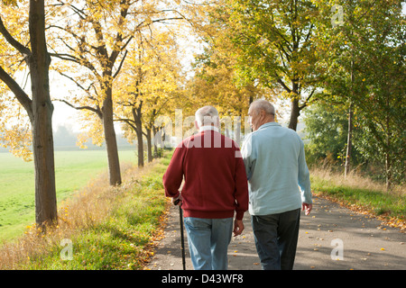 Senior Men Walking auf Bäumen gesäumten Weg in Herbst, Lampertheim, Hessen, Deutschland Stockfoto