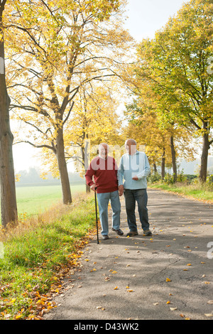 Senior Men Walking auf Bäumen gesäumten Weg in Herbst, Lampertheim, Hessen, Deutschland Stockfoto