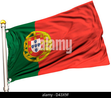 Portugal Flagge auf eine Fahnenstange. Clipping-Pfad enthalten. Sichtbar auf die Flagge 100 % Seide Textur. Stockfoto