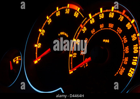 Hinterleuchtete Tacho und Rev Zähler Dashboard wählt beleuchteten nachts im Auto Stockfoto