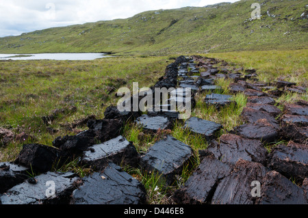 Frisch geschnitten Sie Torf Grassoden auf Moorland im Westen Lewis, äußeren Hebriden Trocknen gelegt. Stockfoto