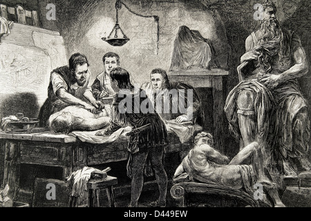 Michelangelo (Michelangelo Buonarroti) (1475-1564). Italienischer Künstler. Michelangelo, Anatomie, seinen Jüngern zu erklären. Gravur. Stockfoto