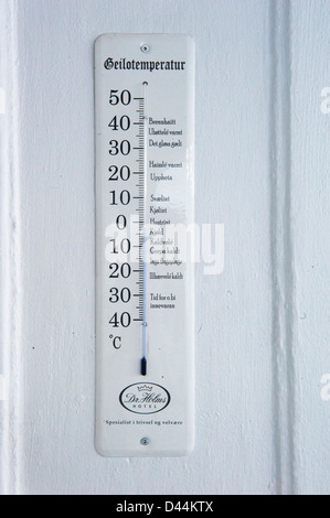 Thermometer an der Wand des renommierten Dr. Holm Hotels in Geilo, Norwegens älteste Skigebiet befestigt. Stockfoto