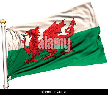 Wales Flagge auf eine Fahnenstange. Clipping-Pfad enthalten. Sichtbar auf die Flagge 100 % Seide Textur. Stockfoto