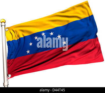 Venezuela-Flagge auf eine Fahnenstange. Clipping-Pfad enthalten. Sichtbar auf die Flagge 100 % Seide Textur. Stockfoto