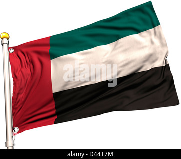 Vereinigte Arabische Emirate-Flagge auf eine Fahnenstange. Clipping-Pfad enthalten. Sichtbar auf die Flagge 100 % Seide Textur. Stockfoto