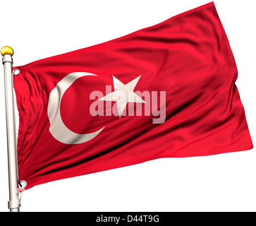 Türkei Flagge auf eine Fahnenstange. Clipping-Pfad enthalten. Sichtbar auf die Flagge 100 % Seide Textur. Stockfoto