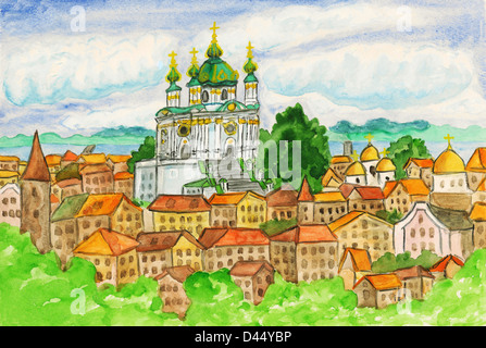 Handgemalte Bild, Aquarelle - Kiew, Hauptstadt der Ukraine, Kirche St. Andrey. Stockfoto