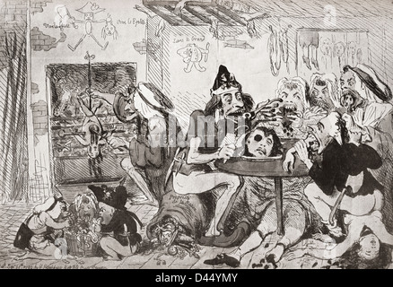 Englische Cartoon während der französischen Revolution.  Eine Familie von Sans Culottes erfrischend nach den Strapazen des Tages. Stockfoto