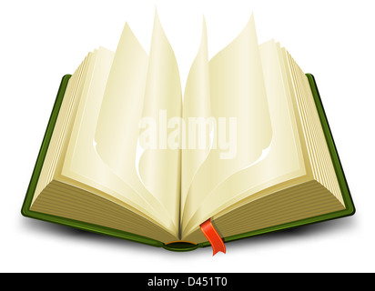 Abbildung eines Zeichentrickfilms eröffnet grünes Buch mit spiegeln, Seiten und eine rote Lesezeichen Stockfoto