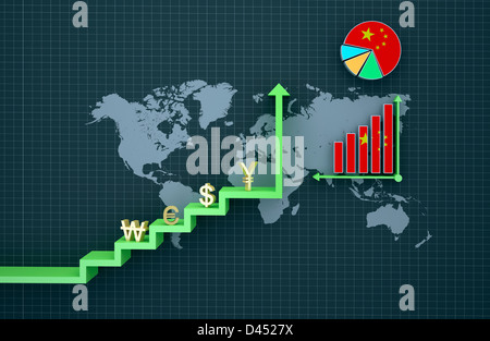 Währungen auf einen steigenden Pfeil und Diagramme, die starke Yuan(¥) zeigt Stockfoto