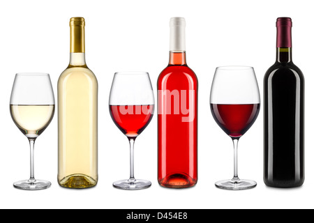 Satz von Wein in Flaschen und Gläser Stockfoto