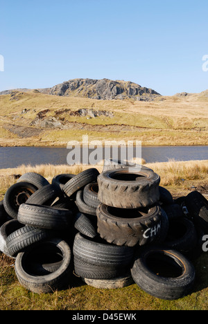 Pkw-Reifen in Nordwales Moorland innerhalb der Grenzen des Snowdonia National Park geworfen. Stockfoto