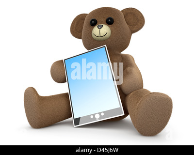 Ein Teddybär mit einem Tablet PC. 3D gerenderte Darstellung. Stockfoto