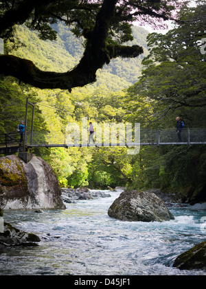 Drei Personen, zwei Männer und eine Frau, Kreuz der Hollyford River auf einer Hängebrücke, Lake Marian Track, Fiordland-Nationalpark, Stockfoto