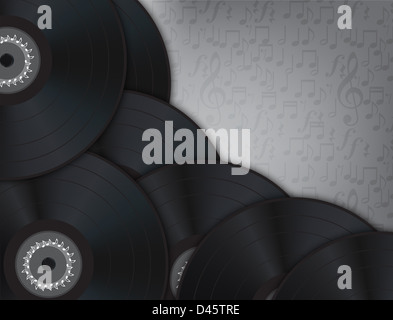 Vinyl-Hintergrundmusik mit viele Vinyl-Platten in der linken und unteren Rand des Bildes. Stockfoto