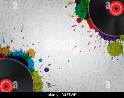 Grunge Vinyl Hintergrundmusik mit bunten Farbtupfern. Stockfoto