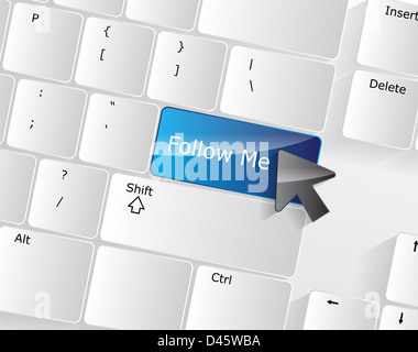 Folgen Sie mir Tastatur-Konzept mit einem blau glänzend Knopf. Stockfoto